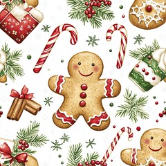 A playful holiday baking pattern with smiling gingerbread cookies, candy canes, and tiny cinnamon sticks, surrounded by snowflakes and festive sprinkles in red, green, and white. 