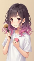 Cute anime girl applying blush, with vibrant pink hair highlights and a cheerful expression, perfect for beauty themes.
