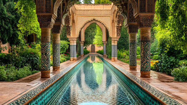 Serene Moorish Garden: A Reflection of Architectural Beauty