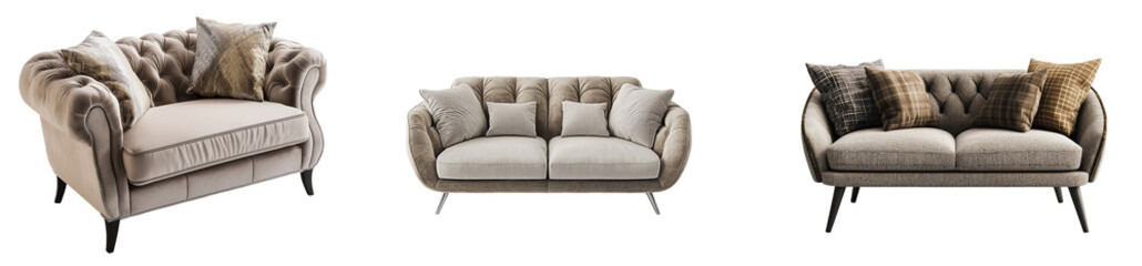 Elegant modern armchairs and loveseat set, beige and brown upholstery, tufted details, stylish pillows.