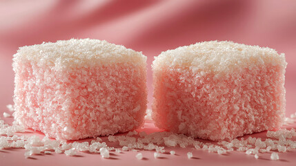 Fototapeta premium Two pink coconut squares on pink background.