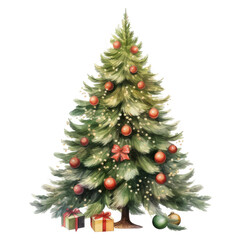 Fototapeta premium A beautifully illustrated watercolor painting depicts a decorated Christmas tree adorned with red ornaments, a bow, and presents at its base.