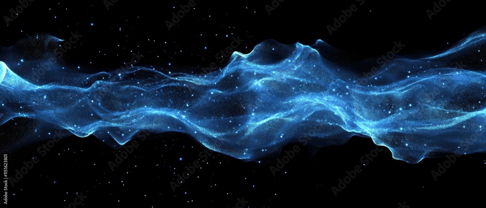 Poster futuristic visualization of high-tech blue digital data streams on black background