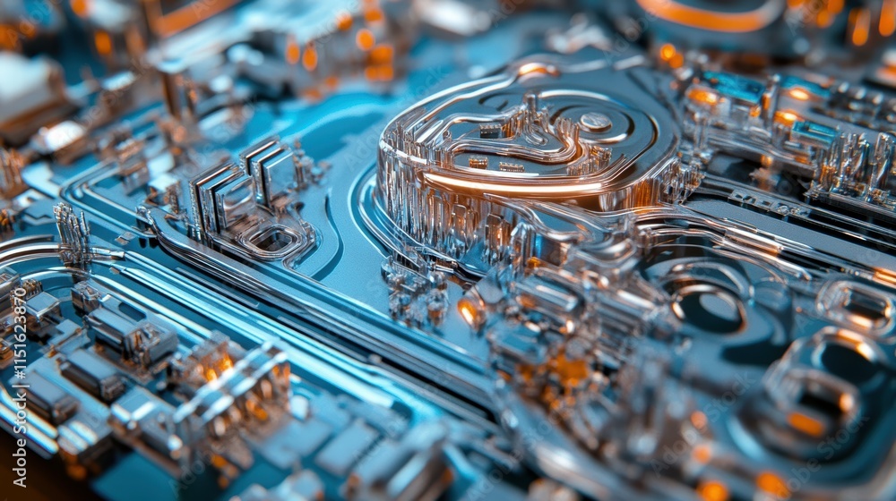 Poster high-tech circuit board closeup glowing pathways in modern electronics lab