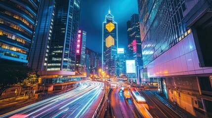 Obraz premium Bustling city nightlife neon lights and skyscrapers in urban photography