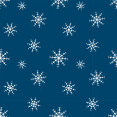 Snow pattern, night sky with falling snowflakes, winter dark background with white snowflake shapes.