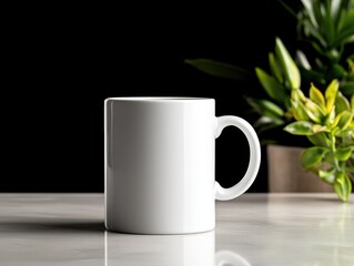 Simple white mug on a black background with greenery in the scene adds contrast and elegance