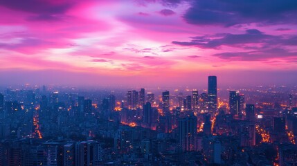 Fototapeta premium Dusk over a faded cityscape urban landscape photography vibrant warm sky viewpoint