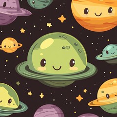 A seamless outer-space pattern featuring adorable cartoon aliens, spaceships, and colorful planets, all illustrated in bright shades of green, purple, and orange on a dark starry background. 