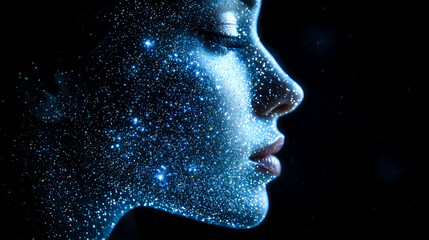 Obraz premium Woman's face, cosmic dust, profile, glowing, dark background.