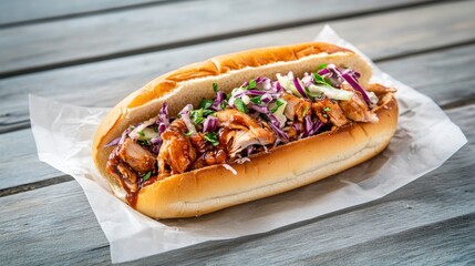 Juicy Chicken Sandwich with Tasty Toppings Served on a Fresh Bun on a Rustic Wooden Table Setting Perfect for Culinary Photography