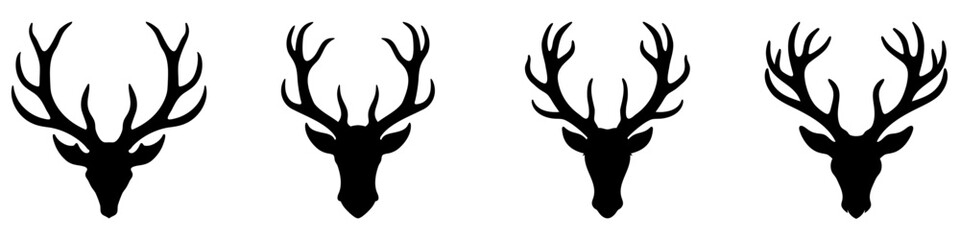 North reindeer. Set of black silhouettes of head of a Christmas deer with antlers. Vector illustration