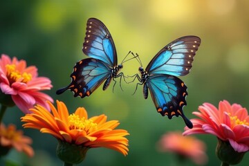 Two butterflies dancing around each other in mid-air near vibrant flowers in a garden setting , Nature, Air, Garden