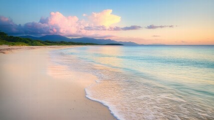 Obraz premium Tropical beach sunset serene reflection with soft pastels over calm sea