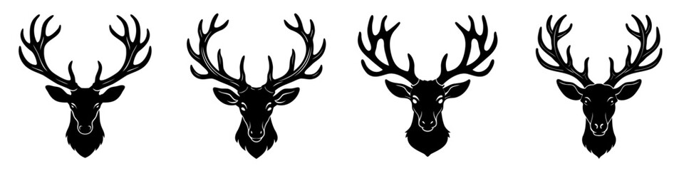North reindeer. Set of black silhouettes of head of a Christmas deer with antlers. Vector illustration