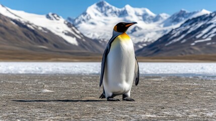 Fototapeta premium Majestic Emperor Penguin Standing Proudly on Icy Ground with Snow-Capped Mountains in the Background Under Clear Blue Sky and Glorious Daylight