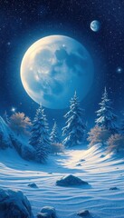 a painting of a snowy landscape with a full moon and trees