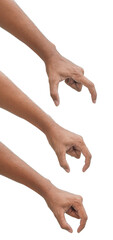 Set of man hands measuring invisible items. Isolated on white. gesturing. hand picking with different sizes. hand holding something empty. with clipping path
