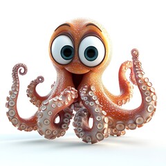 Obraz premium Happy cartoon octopus with large eyes and eight tentacles, isolated on white background.