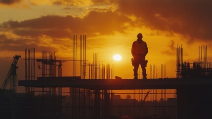 Fototapeta premium Silhouette of a Construction Worker at Sunset