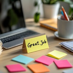 Motivational "Great Job" Sticky Notes on Desk