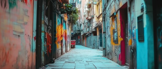 Fototapeta premium Exploring vibrant graffiti-covered walls in an urban alley a colorful street art experience
