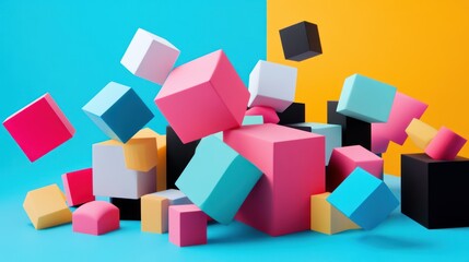 Obraz premium Abstract Colorful 3D Cubes Falling Dynamically Against a Vibrant Blue and Yellow Background