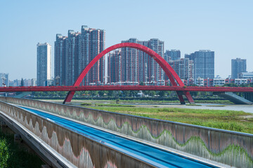 Landmark building of Rainbow Bridge in downtown Deyang City, Sichuan Province, China