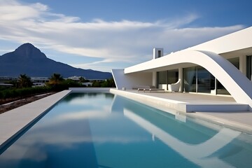 Fototapeta premium Modern white villa with infinity pool and mountain view.