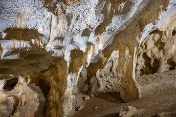 Interior of the large hall of old Karain cave, hidden in Mediterranean region. Confirms human...