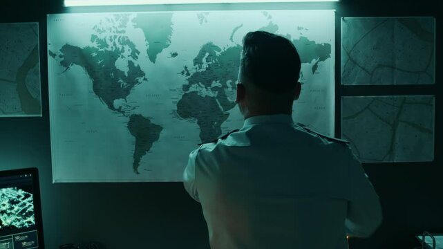 Medium rear shot of unrecognizable male commander in uniform standing in operations center at night, looking at world map on wall, thinking about military strategy