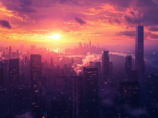 Fototapeta premium Dramatic sunset over cityscape vibrant orange and purple skies urban landscape photography