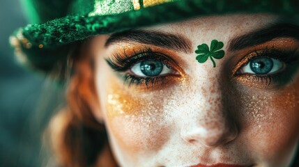 Young caucasian woman with green shamrock face paint celebrating st. patrick's day Happy St. Patrick's Day