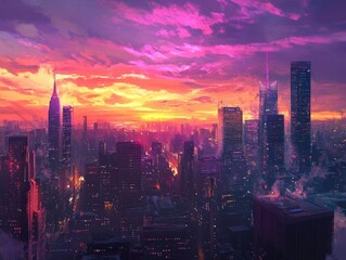 Fototapeta premium Stunning cityscape at sunset vibrant orange and purple sky from an elevated viewpoint