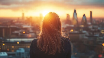   Young businesswoman overlooking the city of london skyline at sunset, capturing the beauty of urban architecture in gentle light with themes of success, freedom, future opportunities, and aspiration