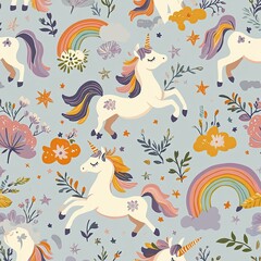 Obraz premium A whimsical unicorn-themed pattern featuring colorful unicorns prancing among rainbows, fluffy clouds, and twinkling stars, surrounded by tiny magical sparkles in pastel shades of pink, lavender, 