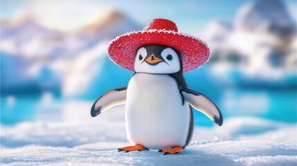 Fototapeta premium Adorable baby penguin wearing a red straw hat on snowy antarctic landscape Happy Cinco de mayo