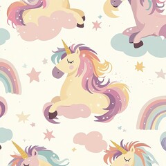 A whimsical unicorn-themed pattern featuring colorful unicorns with sparkling manes, surrounded by rainbows, stars, and fluffy clouds, all in pastel shades of pink, lavender, and mint green. 