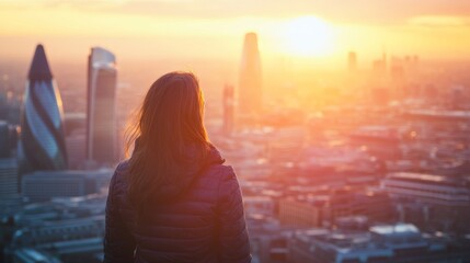   Young businesswoman overlooking the city of london skyline at sunset, capturing the beauty of urban architecture in gentle light with themes of success, freedom, future opportunities, and aspiration