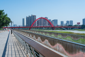 Landmark building of Rainbow Bridge in downtown Deyang City, Sichuan Province, China