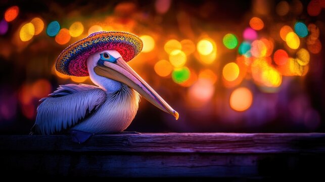 Colorful festive pelican wearing a vibrant hat with bokeh lights Happy Cinco de mayo