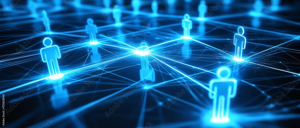 Poster 3d abstract representation of social network technologies, featuring interconnected user symbols, gl