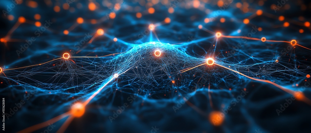 Poster 3d abstract representation of social network technologies, featuring interconnected user symbols, gl
