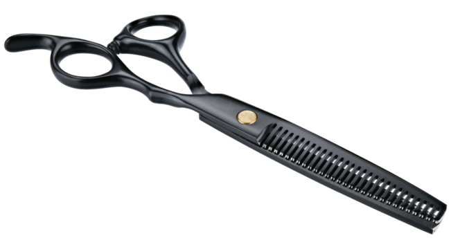Professional hair scissors or thinning scissors isolated on a transparent background. Completely in focus. Focus stacking.