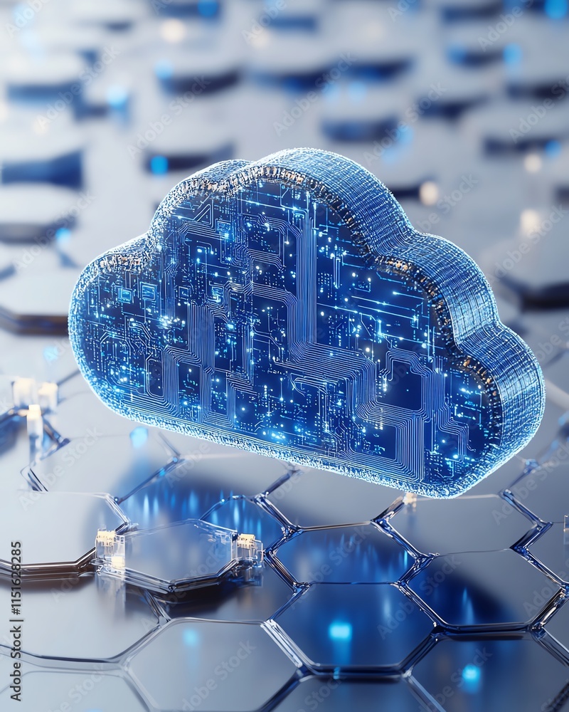 Poster 3d rendering of a blue cloud icon with embedded circuits over a white hexagonal grid, representing t
