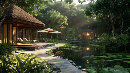 Fototapeta premium Serene Tropical Getaway: Luxurious Villas and Tranquil Pond