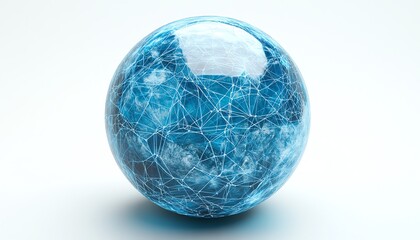 A 3D digital globe with blue holographic lines and a web of connections on a white background, showcasing the concept of global technology and communication