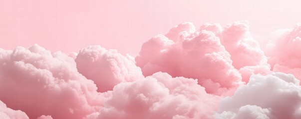 Fototapeta premium Pink pastel watercolor background with white clouds. Abstract pink sky banner template. White clouds in the pink sky. Happy Valentine's Day