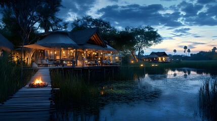 Obraz premium Luxury African Safari Resort at Dusk: Tranquil Waterfront Escape