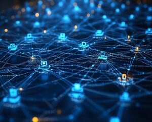 Obraz premium A 3D digital rendering of social network technologies, showcasing user icons connected by lines on a dark blue abstract background, highlighting the concept of virtual connections